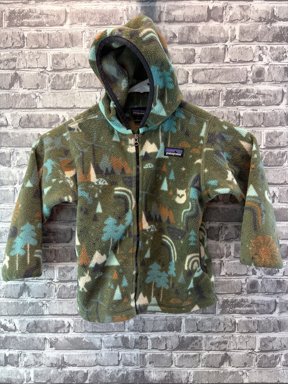 Patagonia Kids Green Forest Print Hooded Puffer Jacket